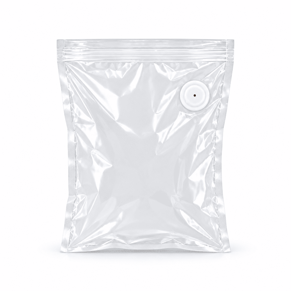 Reusable vacuum sealer food storage bag with built-in round valve, clear plastic pouch