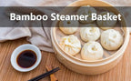 Three-tier bamboo steamer basket with lid, holding steamed dumplings