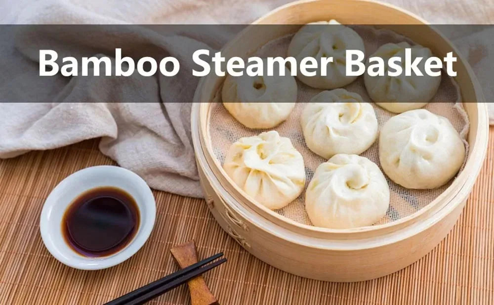 Three-tier bamboo steamer basket with lid, holding steamed dumplings