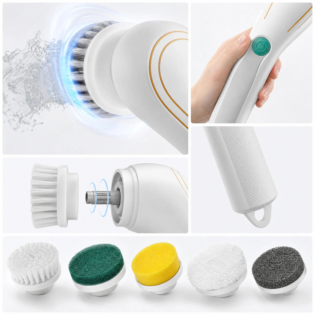 Five replaceable spin scrubber brush heads with white handle, including foam and pad types