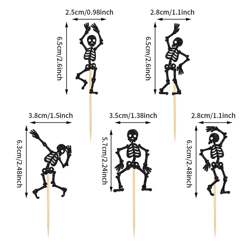 Black skeleton cupcake toppers on wooden picks, shown with size measurements