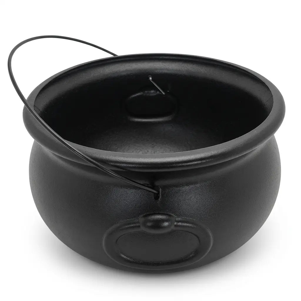 Black plastic Halloween cauldron with lid and wire handle on white background.