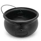 Black plastic Halloween cauldron with lid and wire handle on white background.