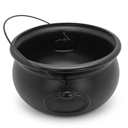 Black plastic Halloween cauldron with lid and wire handle on white background.