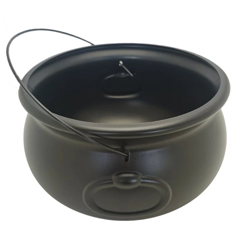 Black cauldron candy bucket with round handle and hanging loop, open top