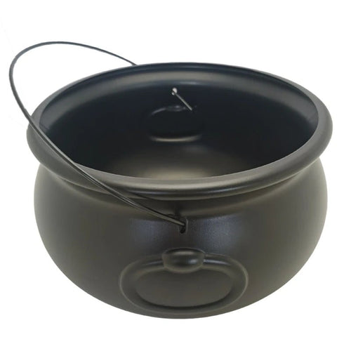 Black cauldron candy bucket with round handle and hanging loop, open top
