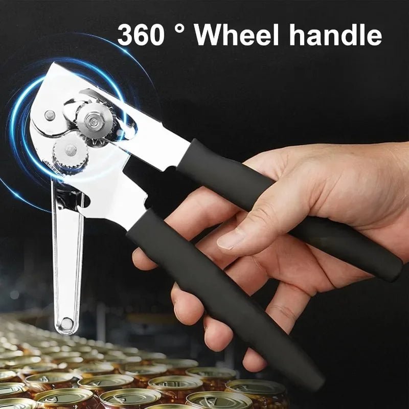 360° wheel handle manual can opener held in hand with black ergonomic grips
