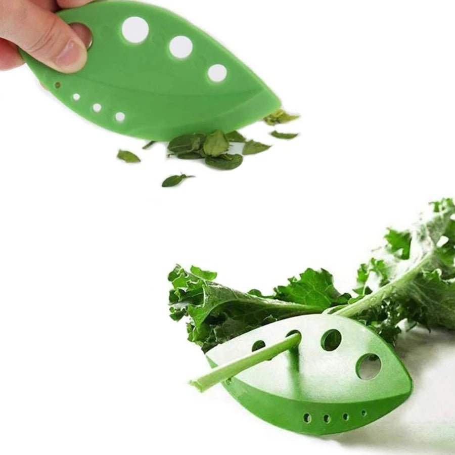 Green herb leaf stripper with perforated 8-hole head and curved blade