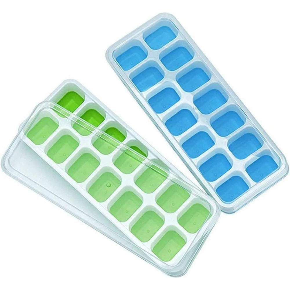 Stackable silicone ice cube trays with transparent lids in mint green and sky blue
