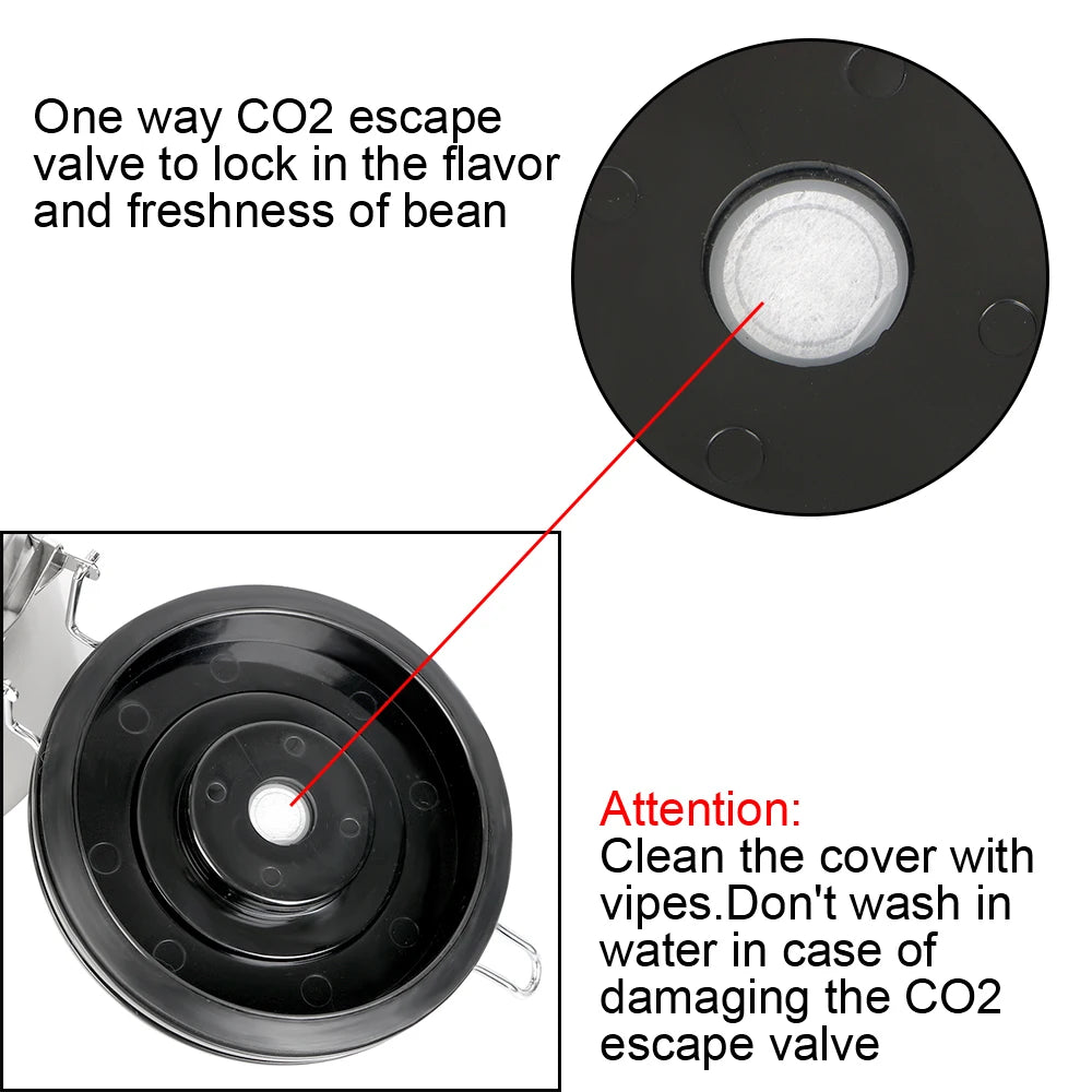 Coffee canister lid with one-way CO2 valve and circular date dial window