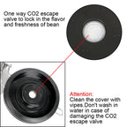 Coffee canister lid with one-way CO2 valve and circular date dial window