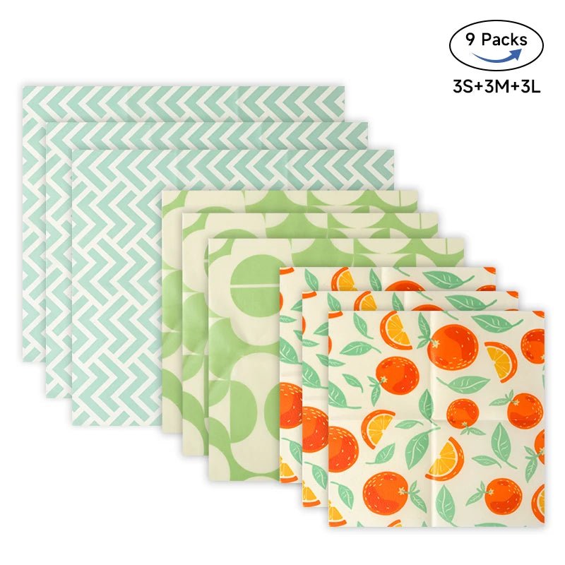 Nine reusable beeswax food wraps set in chevron and citrus prints