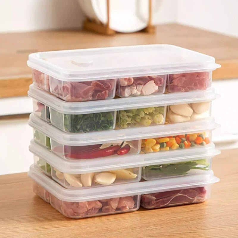 Multi-compartment clear refrigerator food storage box with stacked lids and divided sections