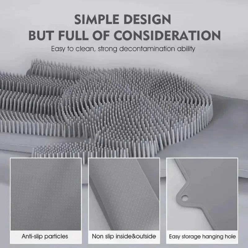 Gray silicone scrubbing pad with spiked bristles and anti-slip surface, hanging hole