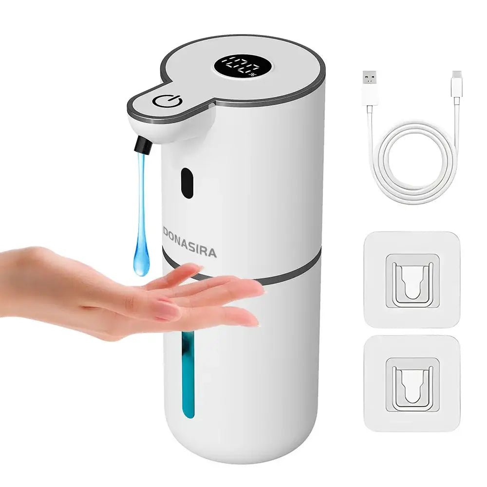 White touchless automatic soap sanitizer dispenser with blue liquid stream effect