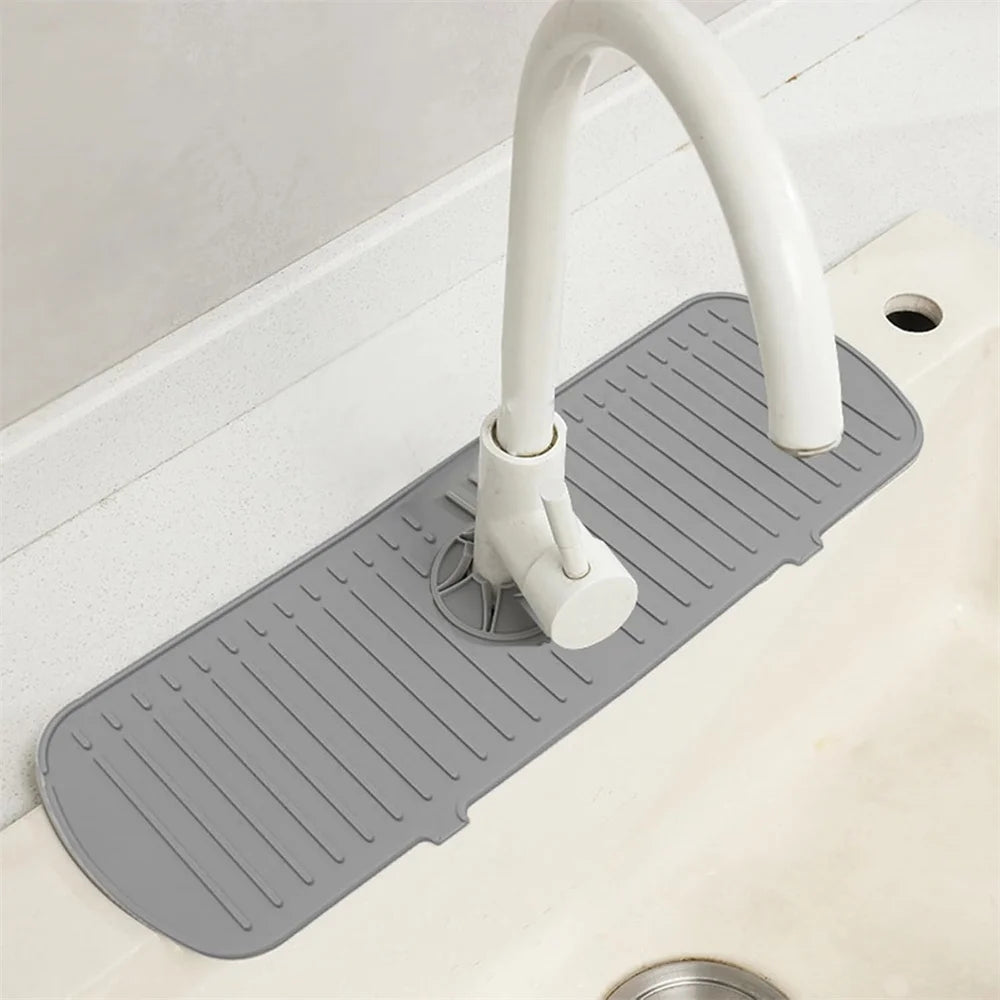 White silicone sink splash guard and drain mat with adjustable faucet openings