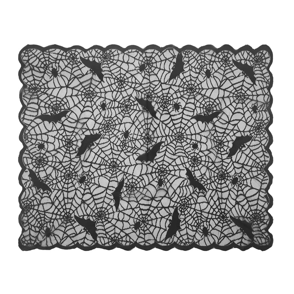 Black lace Halloween tablecloth with spider web pattern, bats, and spiders on white background.