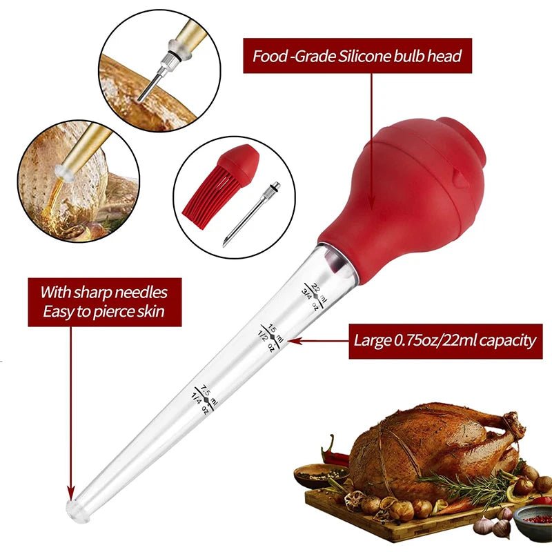 Red silicone-bulb injector with sharp needles and ribbed silicone basting brush