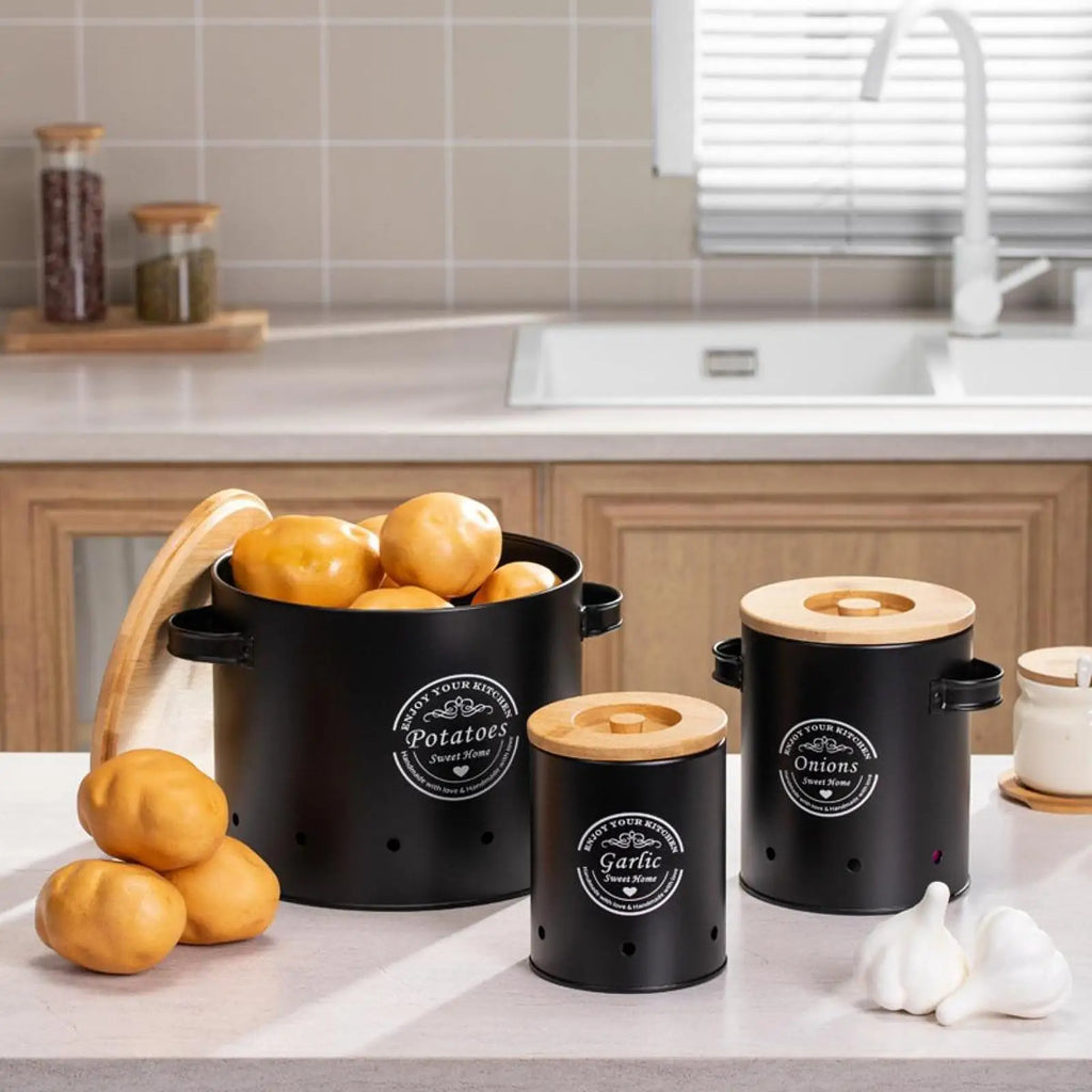 Black vented potato storage canister with bamboo lid and handles