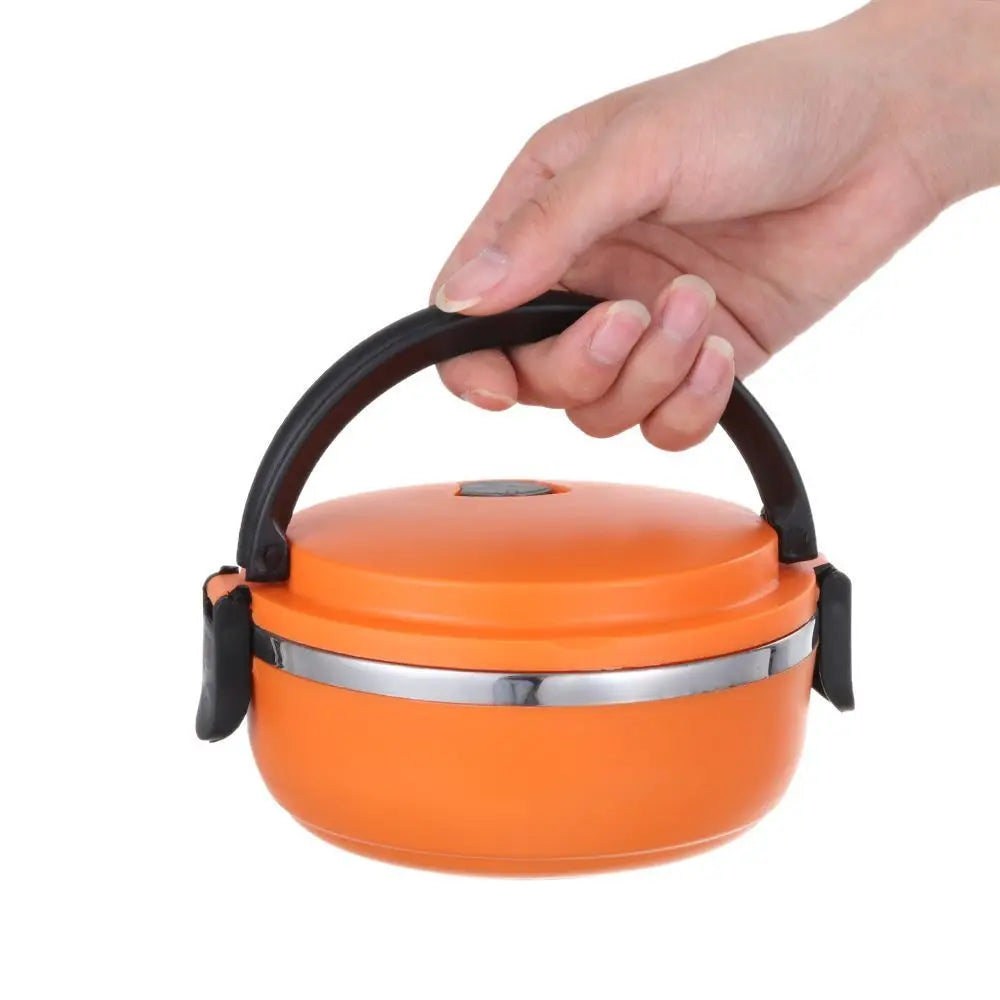 Orange stainless steel bento lunch box with black carry handle and side latch tabs