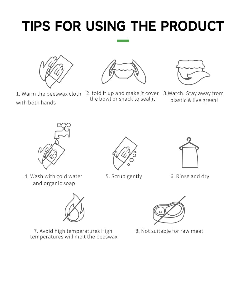 Reusable beeswax food wrap care tips icons for warming, washing, and storing