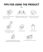 Reusable beeswax food wrap care tips icons for warming, washing, and storing
