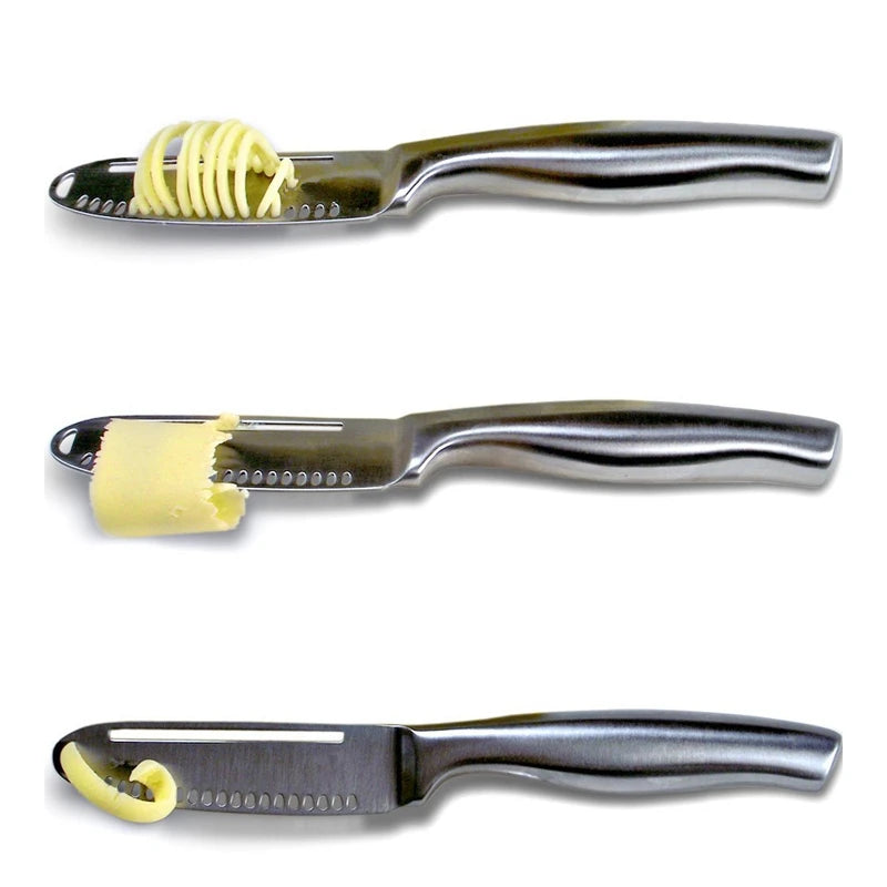 Three stainless butter curler knives with ridged heads, chrome handles, and butter curls