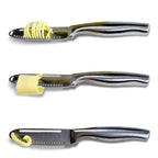 Three stainless butter curler knives with ridged heads, chrome handles, and butter curls
