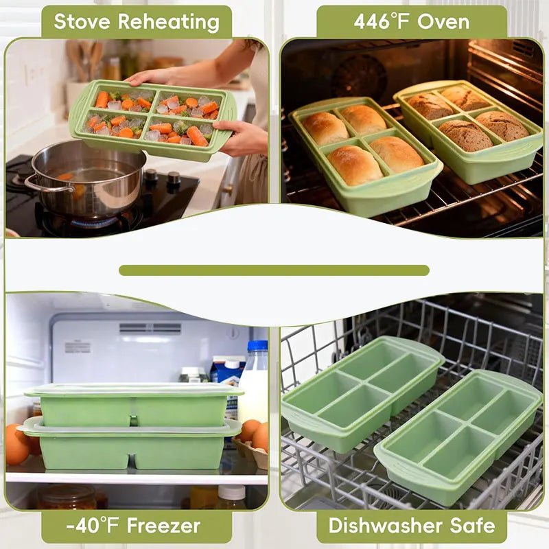Green silicone freezer tray with divided compartments and fitted clear lid