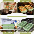 Freezer tray with silicone lids shown for stove reheating, oven, freezer, and dishwasher