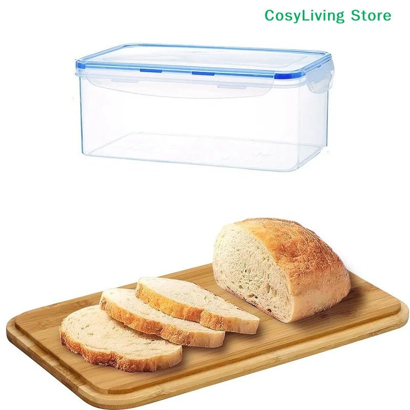 Rectangular clear bread storage box with blue lid and airtight seal, empty