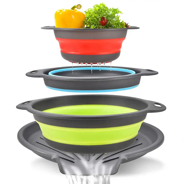 Collapsible colander and strainer set with self-draining base; red, lime, and blue rings