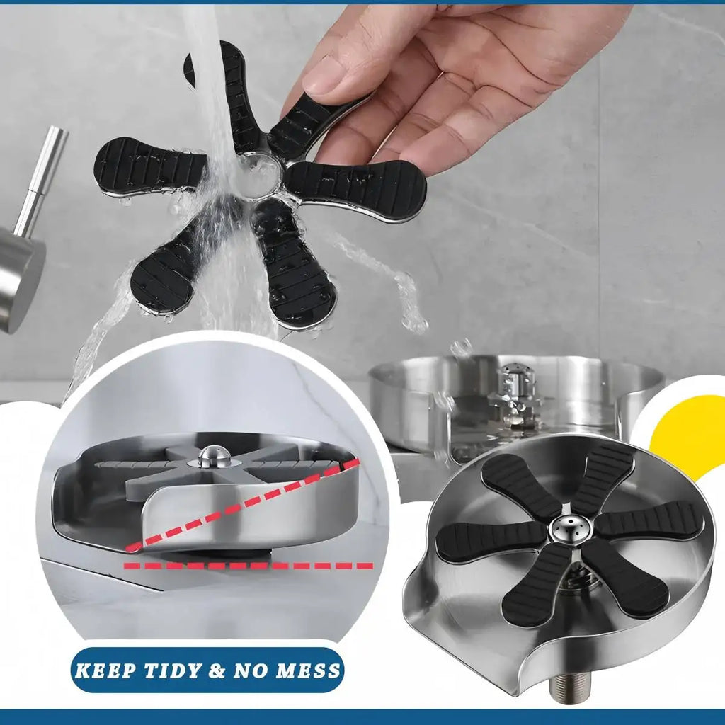 Stainless steel glass rinser with black jet arms and nozzle detail for cup rinsing