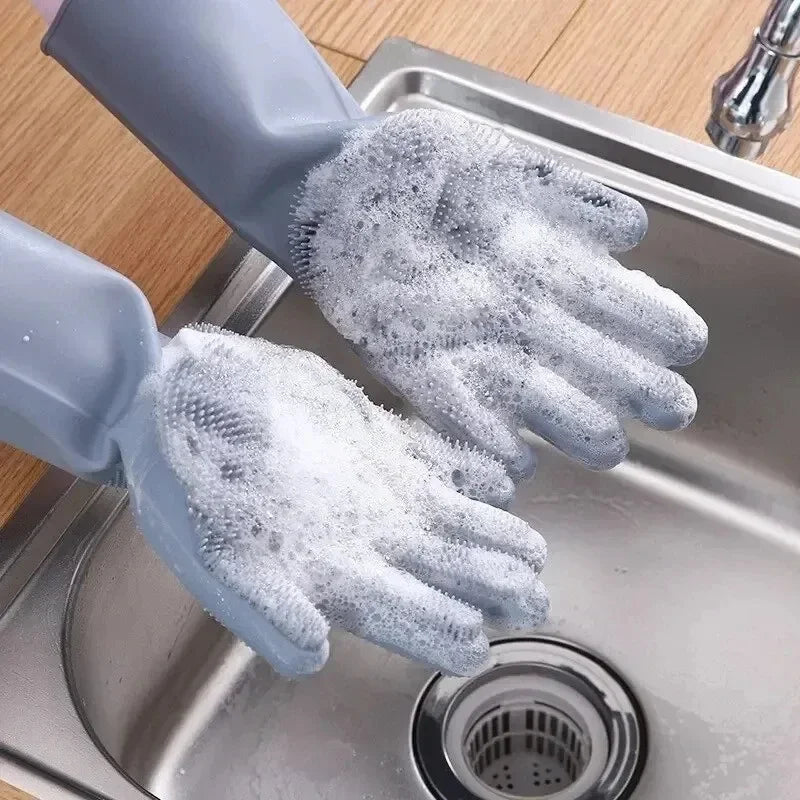 Gray silicone dishwashing scrubber gloves with foamy textured fingertips
