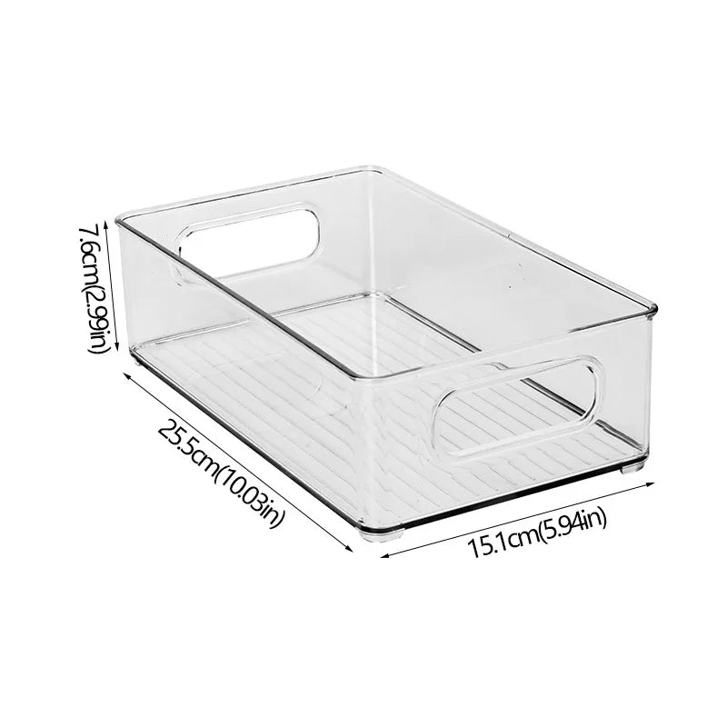Clear plastic refrigerator organizer bin with built-in carry handles, short and shallow.