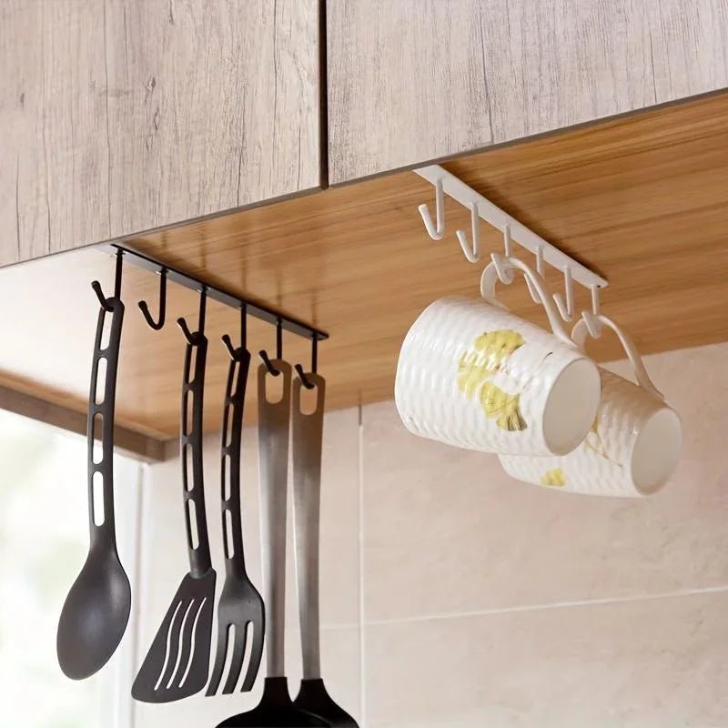 Under-cabinet 6-hook mug hanger holding cups and utensils, black and white hook rack