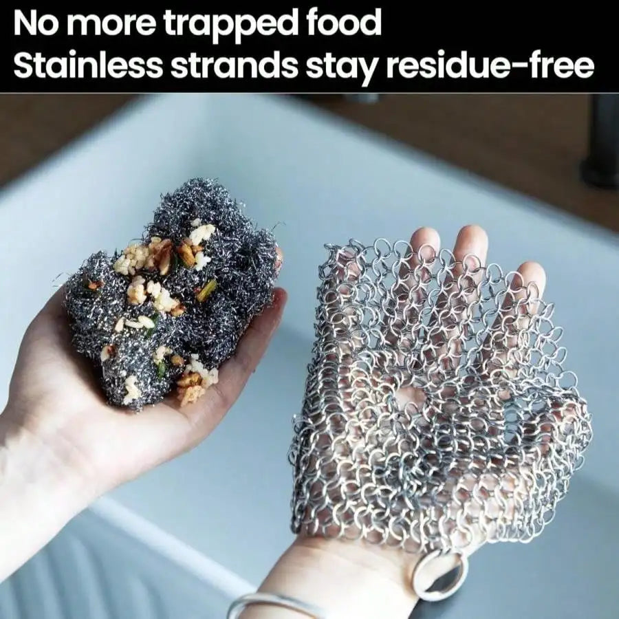 Cast iron chainmail scrubber with 316 stainless mesh, handheld scrub ball