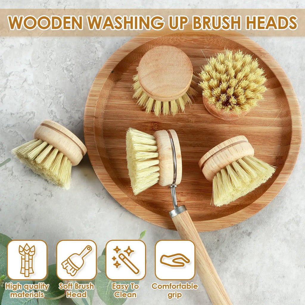 Dish scrub brush set with several wooden brush heads and one handled scrub brush on tray