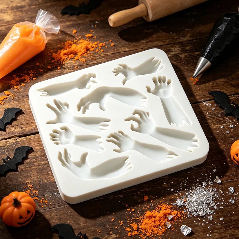 Square-ish silicone sugarcraft mold featuring molded Halloween hands and arms