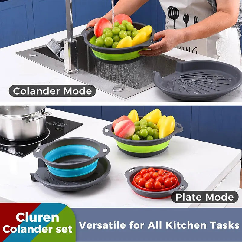 Collapsible colander and strainer set with green strainer, plus blue and red strainers