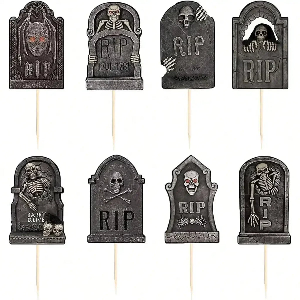 Black RIP tombstone cupcake toppers with skull, skeleton, and grave icons on picks