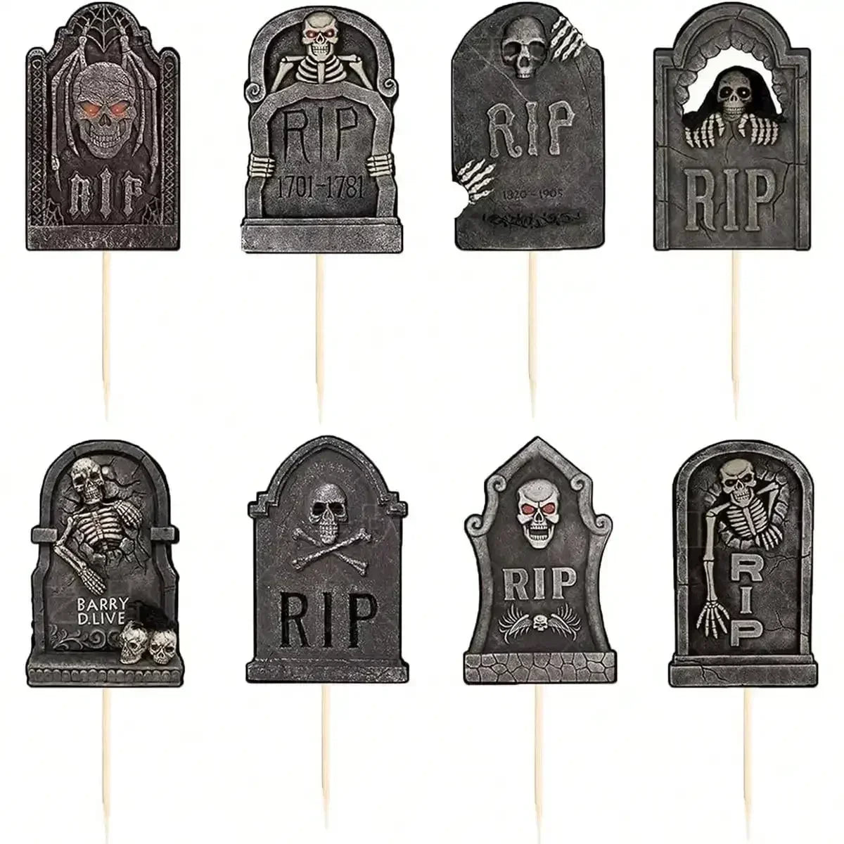 Black RIP tombstone cupcake toppers with skull and graveyard faces on picks