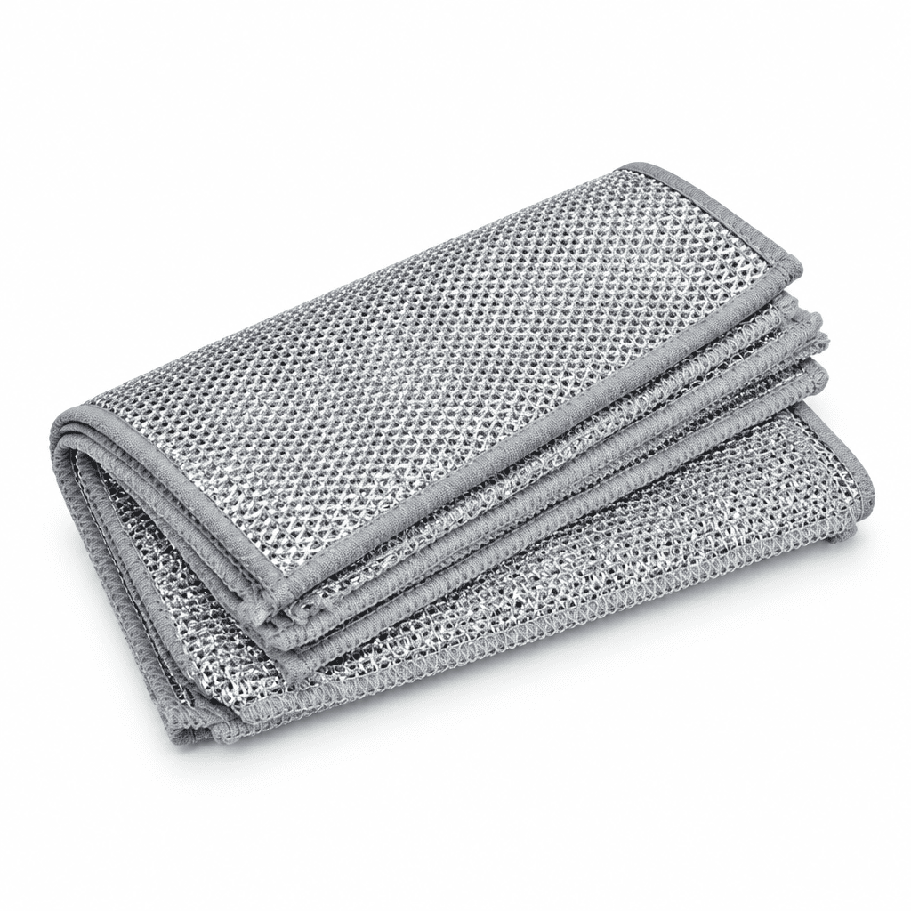 Folded dark gray steel wire mesh cleaning cloth, non-scratch scrub pad