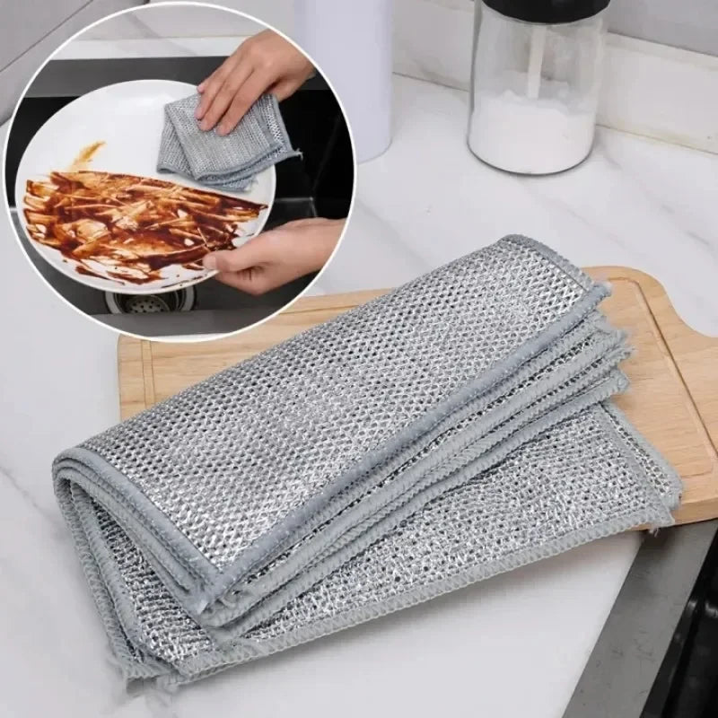 Non-scratch steel wire cleaning cloth, 20x20cm, folded square in gray-silver