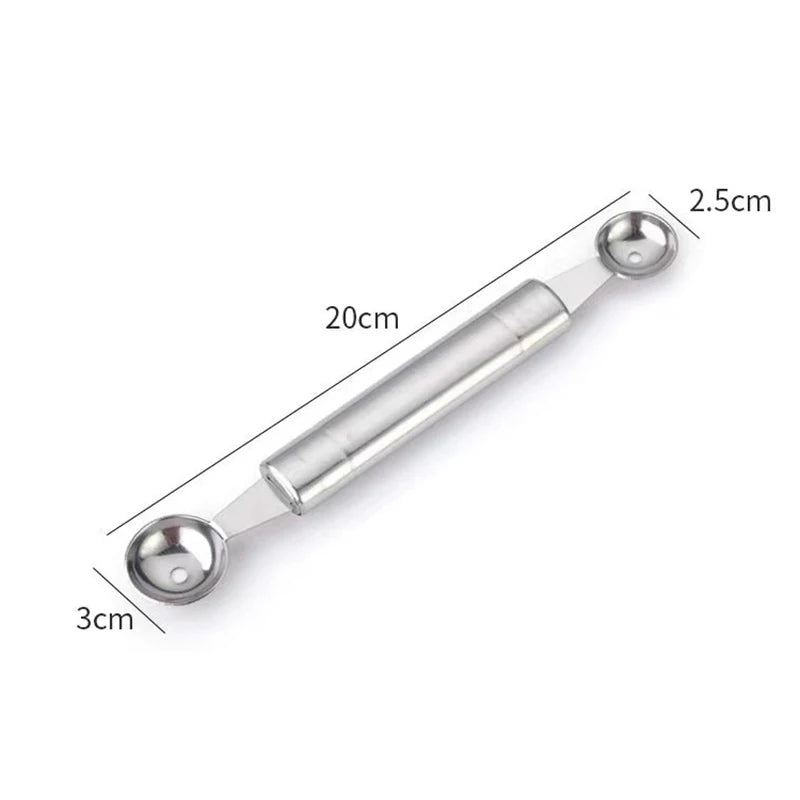 Stainless steel dual-sided melon baller tool with circular scoop ends, 20cm length