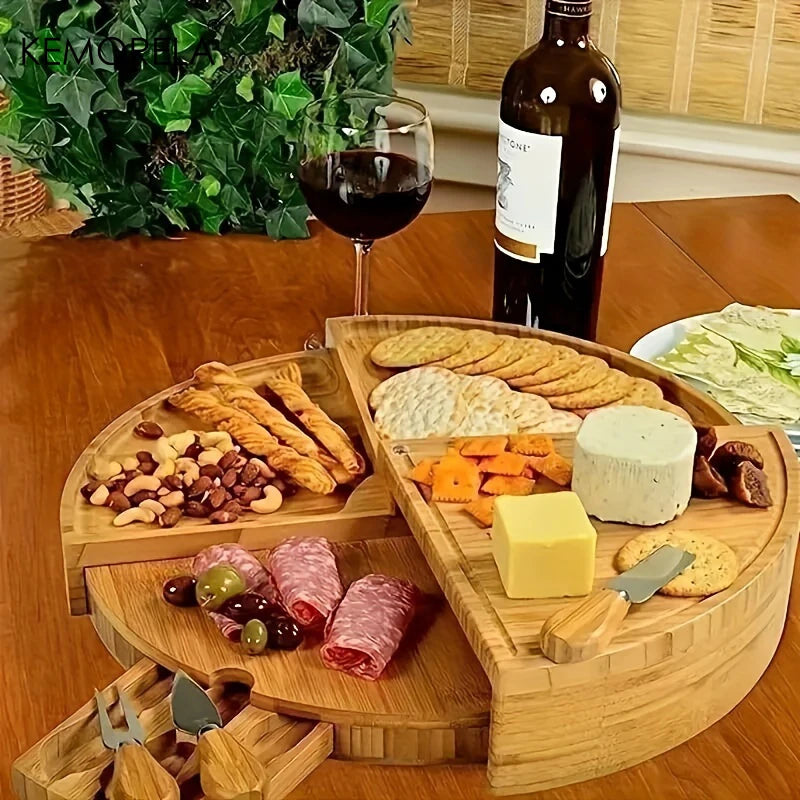Cheese Board Set with Cutlery - Slide-Out Drawer & Tools