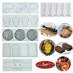 Assorted silicone cake molds: skull faces, fishbone lines, and round texture discs