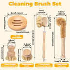 Cleaning brush set with round rack holder and multiple wooden brushes in different sizes