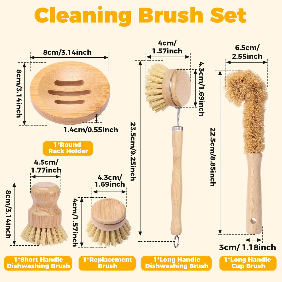 Cleaning brush set with round rack holder and multiple wooden brushes in different sizes