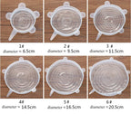 Set of clear silicone stretch lids with locking tabs, 6 sizes shown